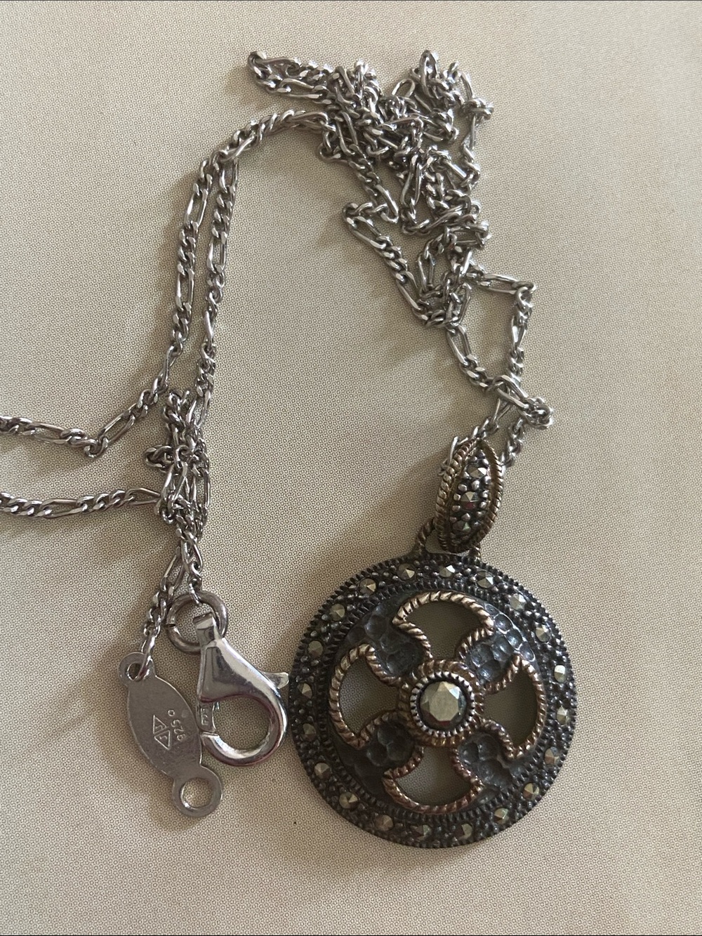VTG JJ Judith Jack Sterling 925 Silver  Marcasite Pendant Chain 16” Necklace